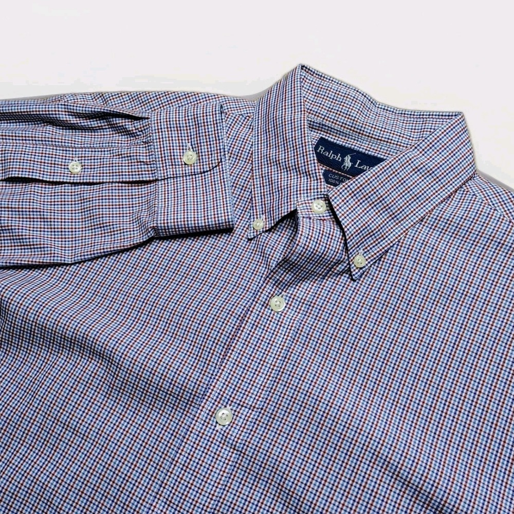 Ralph Lauren Custom Fit Gingham Button Down‎ Shirt Men's L Blue Red White Casual